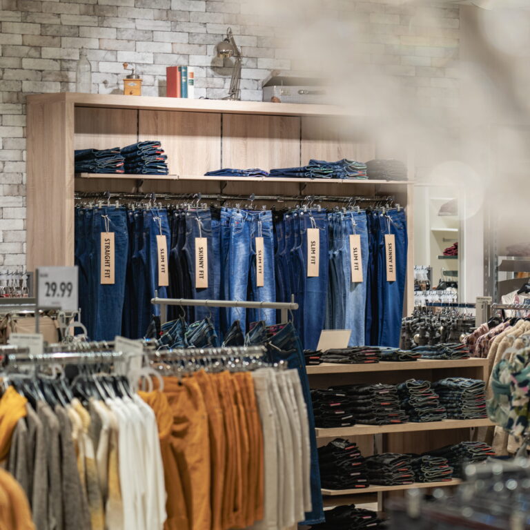 Mehrere Reihen gefalteter und aufgehängter Jeans mit Größenetiketten in einem Bekleidungsgeschäft, Regale und hängende Hosen.