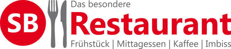 Rotes Logo mit weißen Buchstaben "SB", graues Besteck-Symbol und Schriftzug "Restaurant" sowie kleinere Beschriftung "Das besondere" und Angebotsstichworte Frühstück | Mittagessen | Kaffee | Imbiss