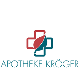 Apothekenlogo mit rotem und türkisem Kreuz, Blattmotiv in der Mitte und Schriftzug "APOTHEKE KRÖGER" darunter