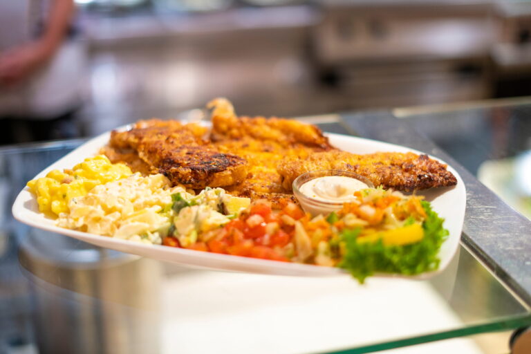 Panierter, knuspriger Fisch mit Beilagen wie Kartoffel- und Nudelsalat, Tomaten-Salsa und Dip auf weißem Teller in Restaurantauslage