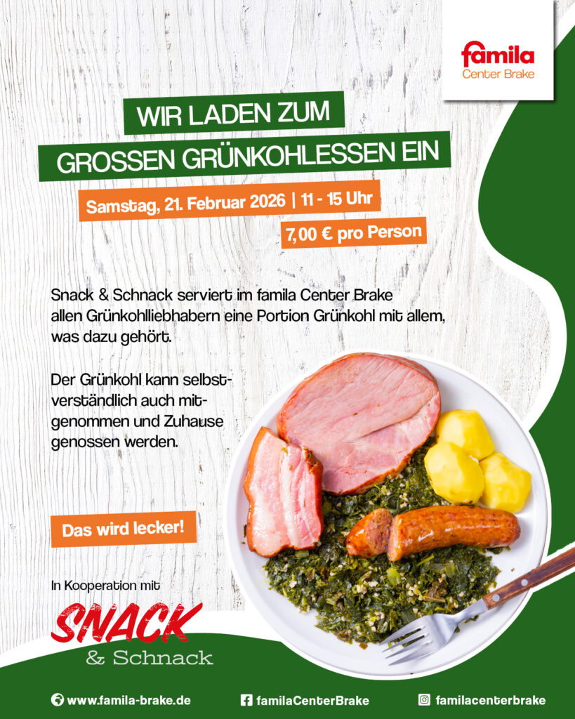 Wir laden zum großen Gühnkohlessen ein: Samstag, 21. Februar 2026, 11 - 15 Uhr,7,00 € pro Person.Snack & Schnack serviert im famila Center Brake allen Grünkohlliebhabern eine Portion Grünkohl mit allem, was dazu gehört. Der Grünkohl kann selbstverständlich auch mitgenommen und Zuhause genossen werden. Das wird lecker! In Kooperation mit SNACK & Schnack