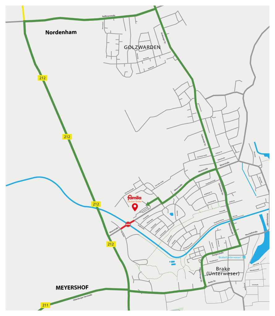 Stadtkarte von Brake (Unterweser) mit Verkehrshinweis zur vollständigen Sperrung der Brücke „Braker Sieltief" vom 24. März bis 16. April 2026. Die Karte zeigt die Umgebung des famila Center Brake, markiert mit einem roten Standort-Pin. Die Bundesstraße B212 ist grün hervorgehoben und verläuft von Nordenham und Meyershof kommend durch das Stadtgebiet. Ein rotes Verbotszeichen in der Weserstraße markiert die vollständige Sperrung der Brücke für den Kfz-Verkehr in beide Richtungen. Als Umleitungsstrecken für PKW und LKW dienen die Breite Straße sowie die Raiffeisenstraße durch den Ortsteil Golzwarden ab der B212. Der Fluss Weser ist als blaue Linie erkennbar, ebenso der Bahnhof Brake (Unterweser) im östlichen Bereich der Karte.