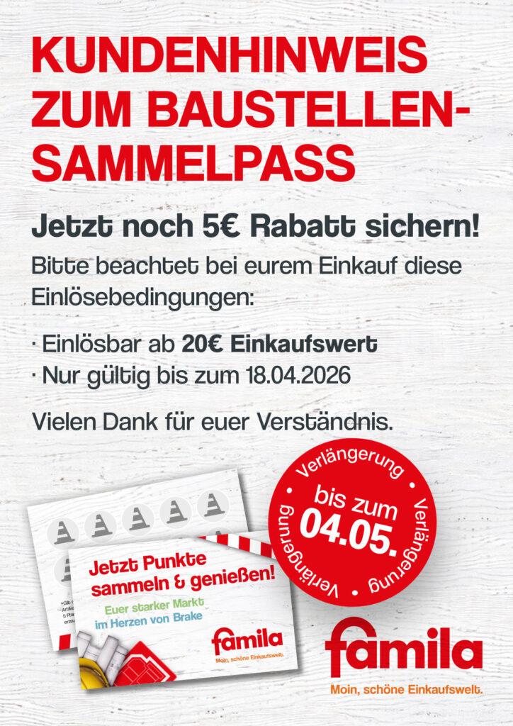 Kundenhinweis zum Baustellen-Sammelpass: Jetzt noch 5€ Rabatt sichern! Bitte beachtet bei eurem Einkauf diese Einlösebedingungen: Einlösbar ab 20€ Einkaufswert Nur gültig bis zum 04.05.2026 Vielen Dank für euer Verständnis.