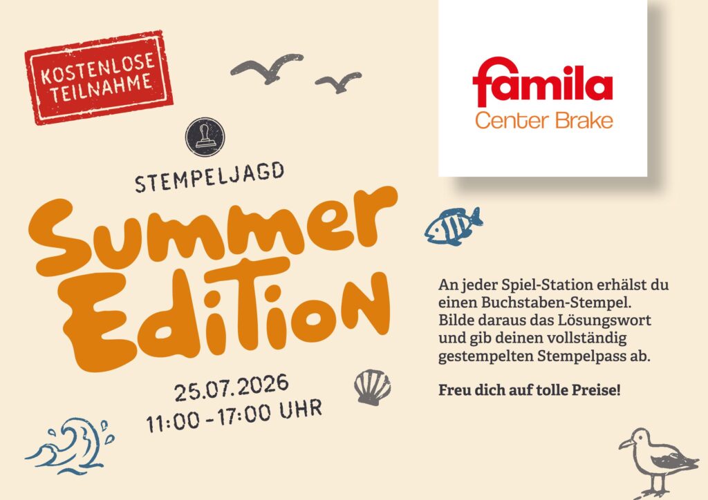 Bunte Event-Poster-Grafik mit großem orangefarbenen Schriftzug "Summer Edition", roten Stempel "Kostenlose Teilnahme" und famila Center Brake Logo, Meeres-Icons.